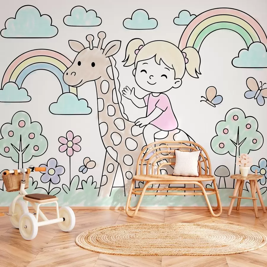 murales de pared niña sobre una jirafa al estilo de un libro para colorear infantil w04755
