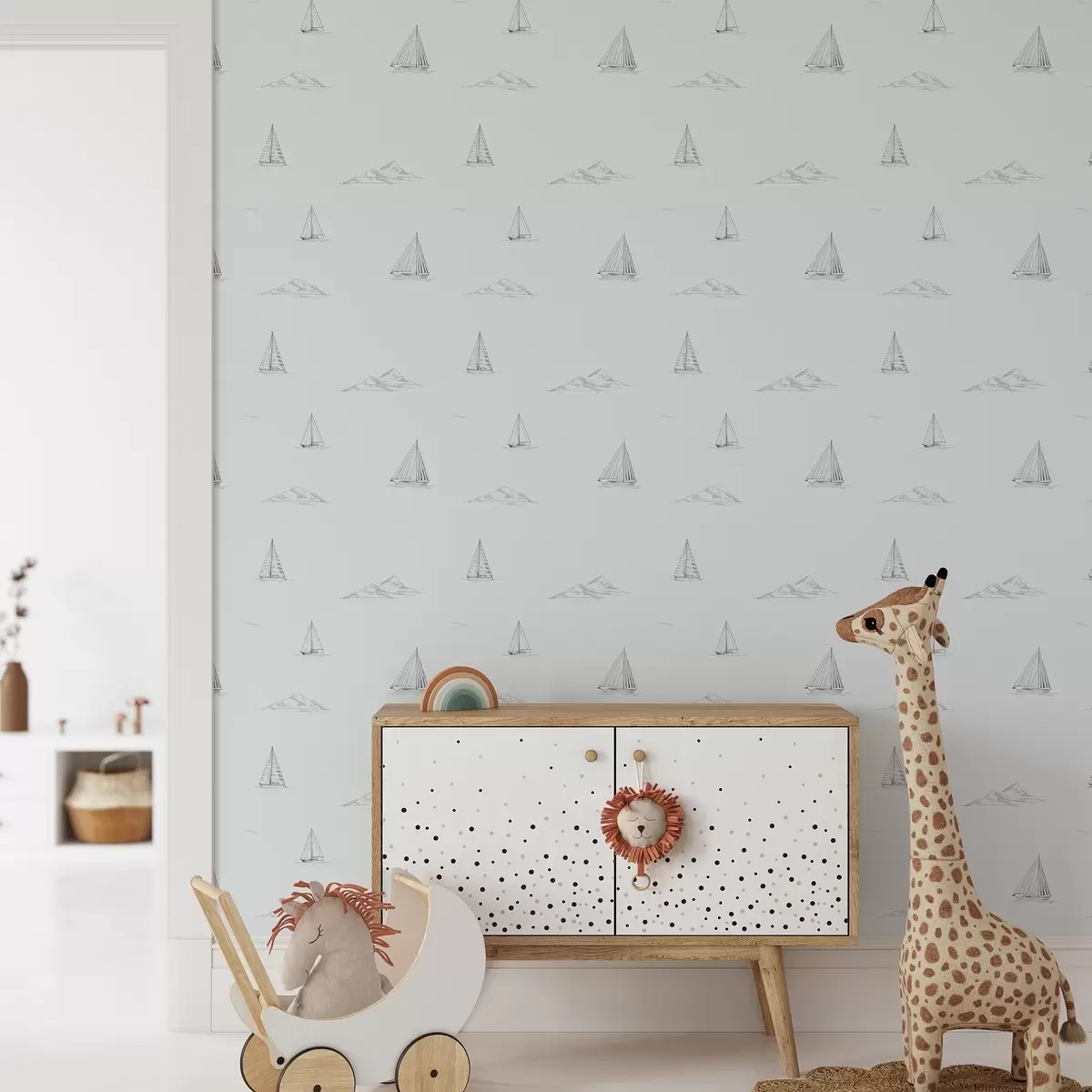 Papel pintado Dibuja yates e islas, con un fondo azul grisáceo fresco a00654