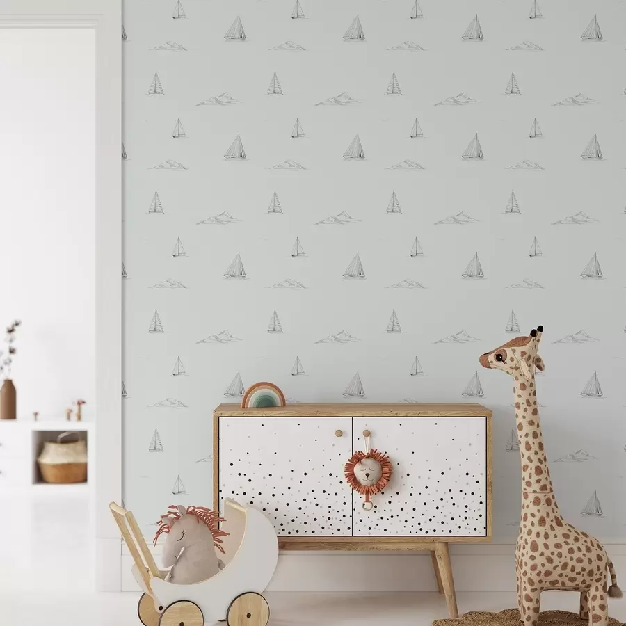murales de pared Dibuja yates e islas, con un fondo azul grisáceo fresco a00654