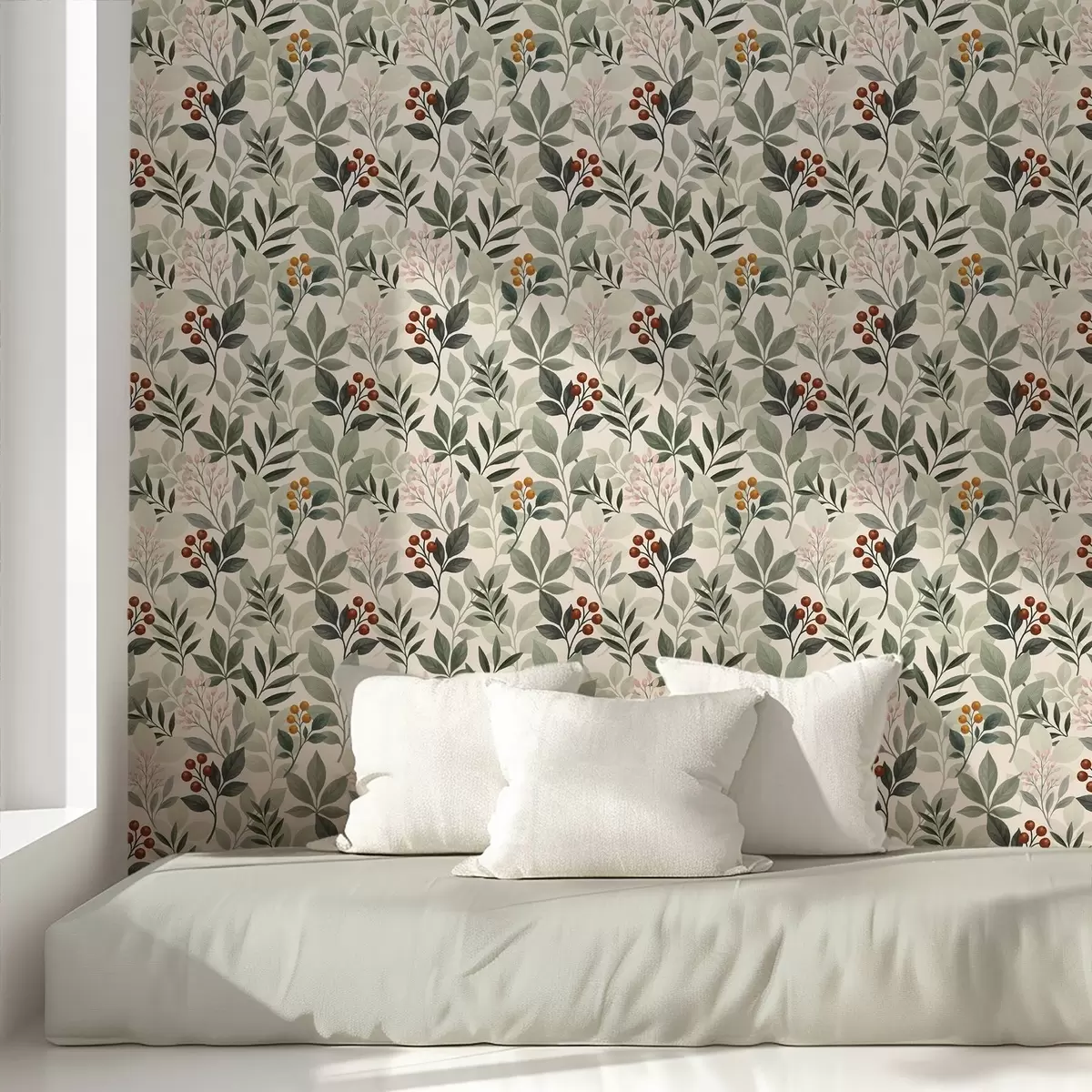 Papel pintado Hojas con bayas, fondo claro a00713