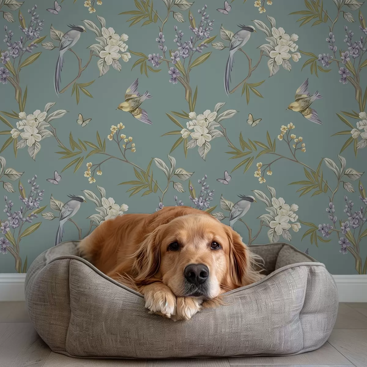 Papel pintado Pájaros, flores y mariposas sobre un fondo azul grisáceo. a00735