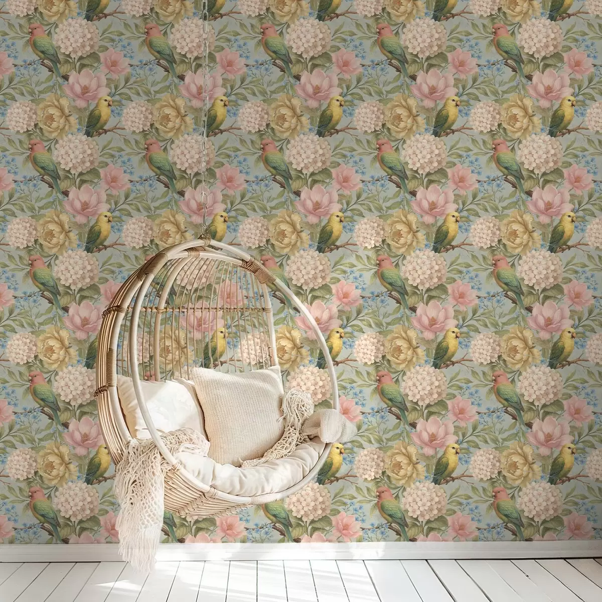 Papel pintado Loros entre peonías, hortensias y magnolias a00747