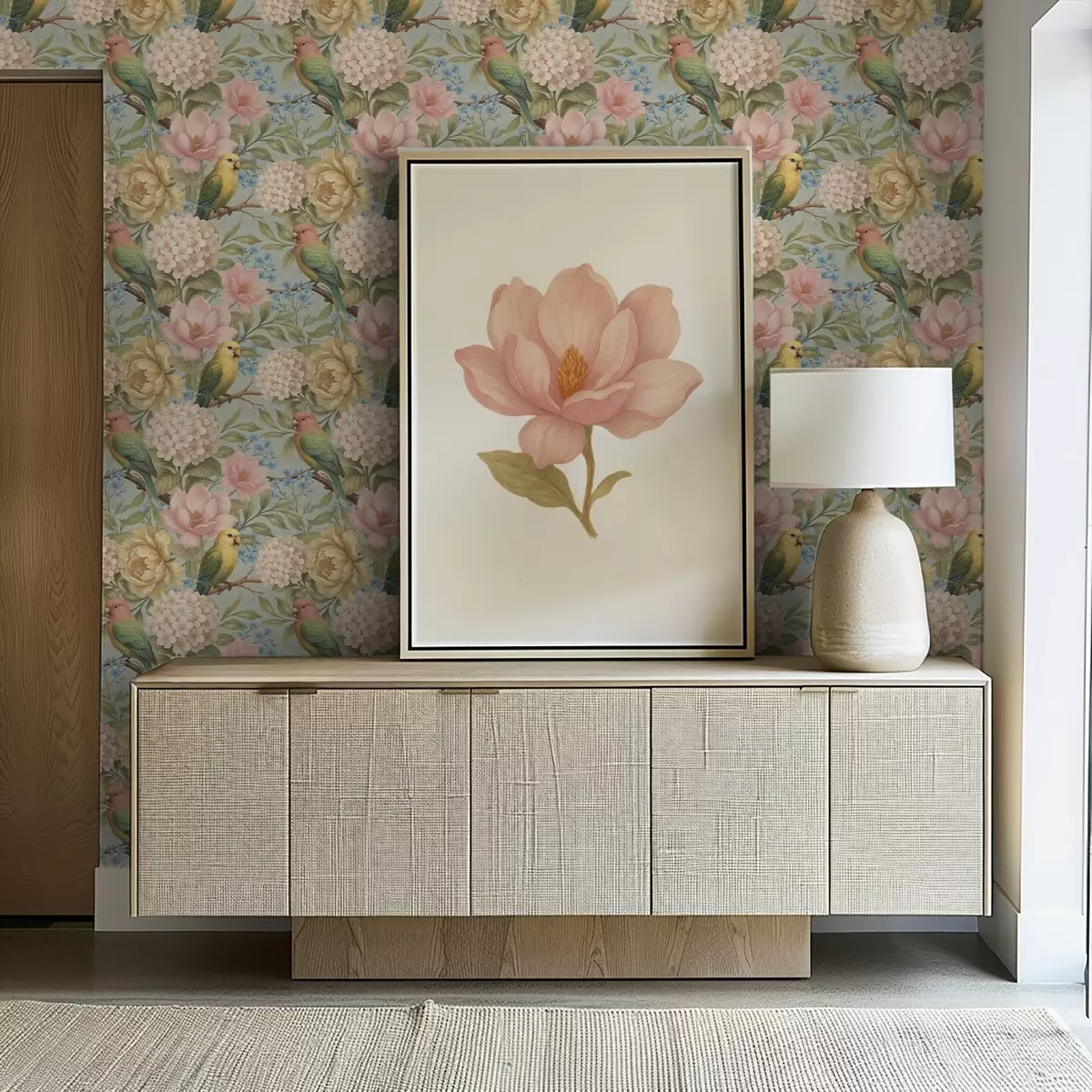 Papel pintado Loros entre peonías, hortensias y magnolias a00747
