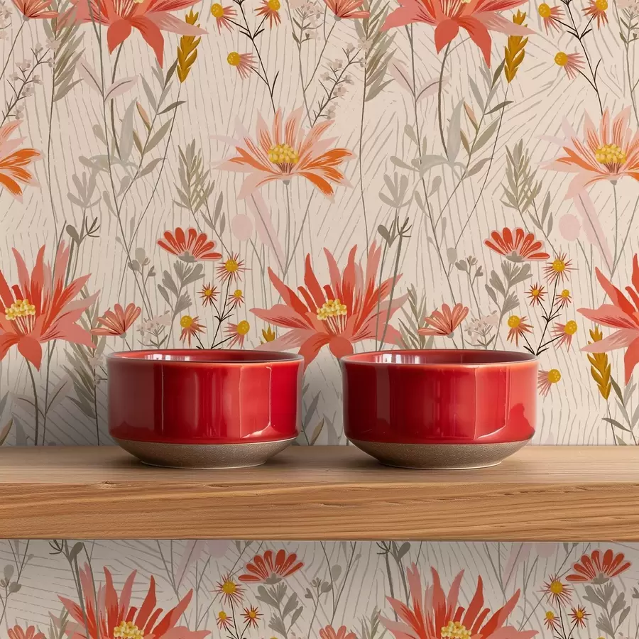 murales de pared Flores silvestres en tonos cálidos sobre fondo beige a00751