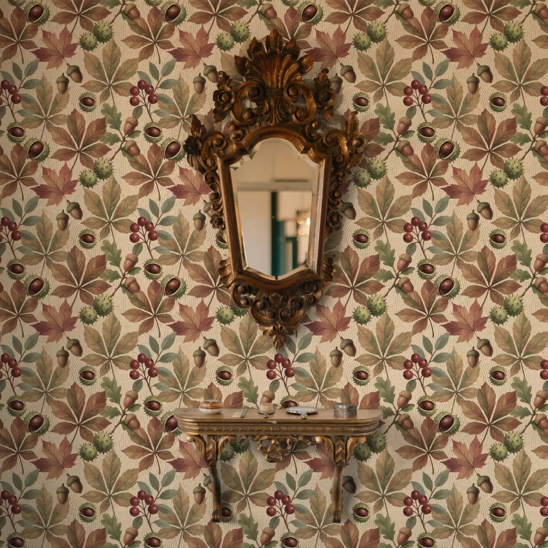 murales de pared Hojas otoñales, bellotas y bayas sobre fondo beige a00754