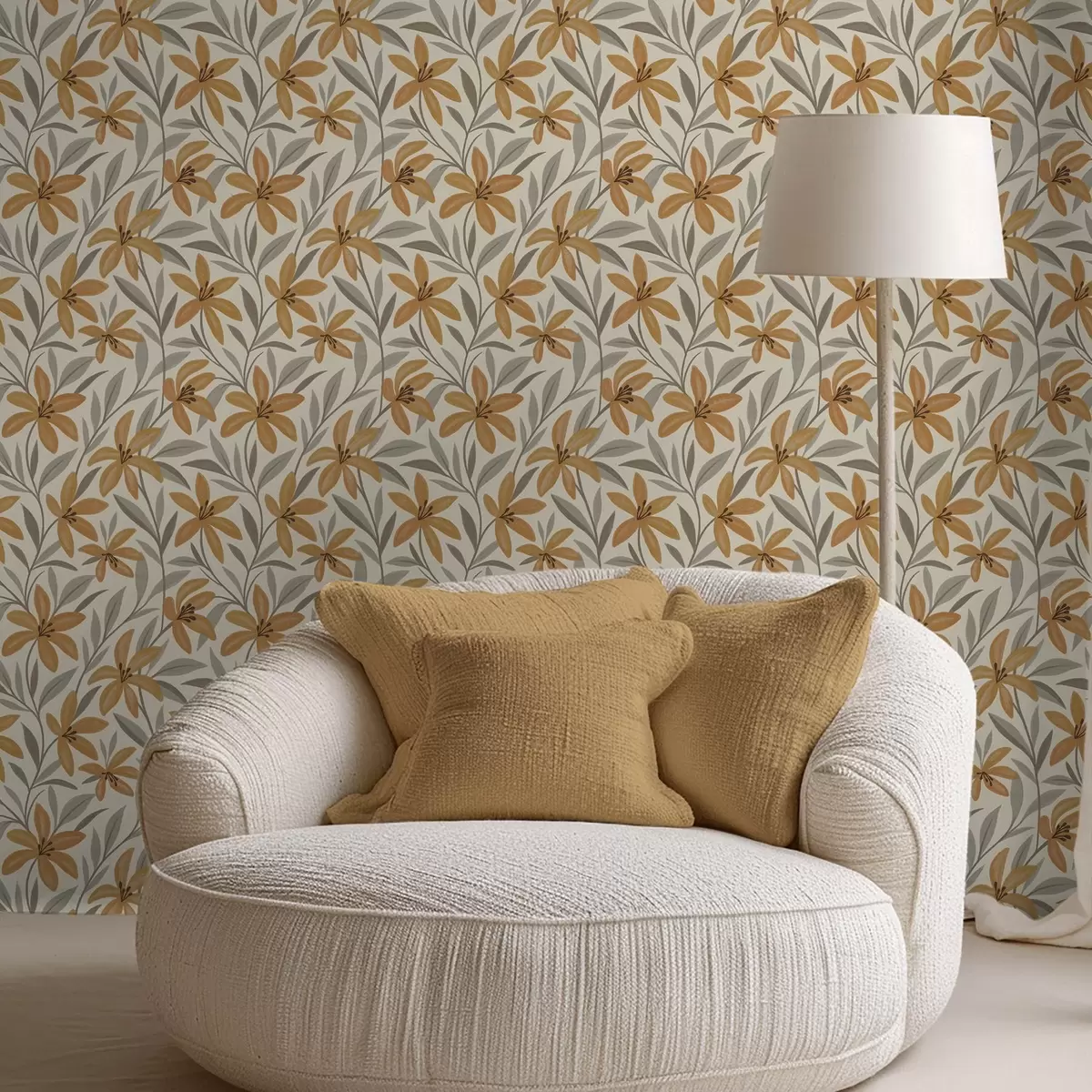 Papel pintado Lirios amarillos y hojas gris verdosas sobre fondo claro a00757