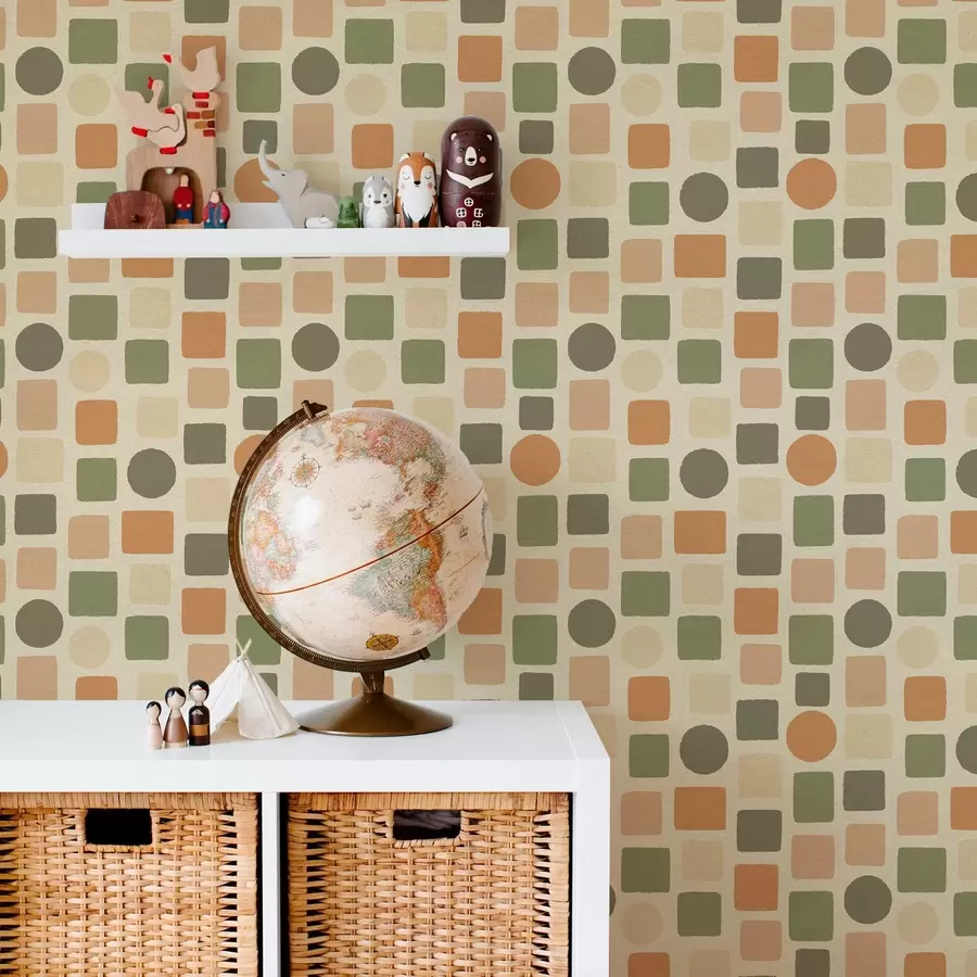 murales de pared Patrón geométrico de cuadrados y círculos en tonos cálidos a00759