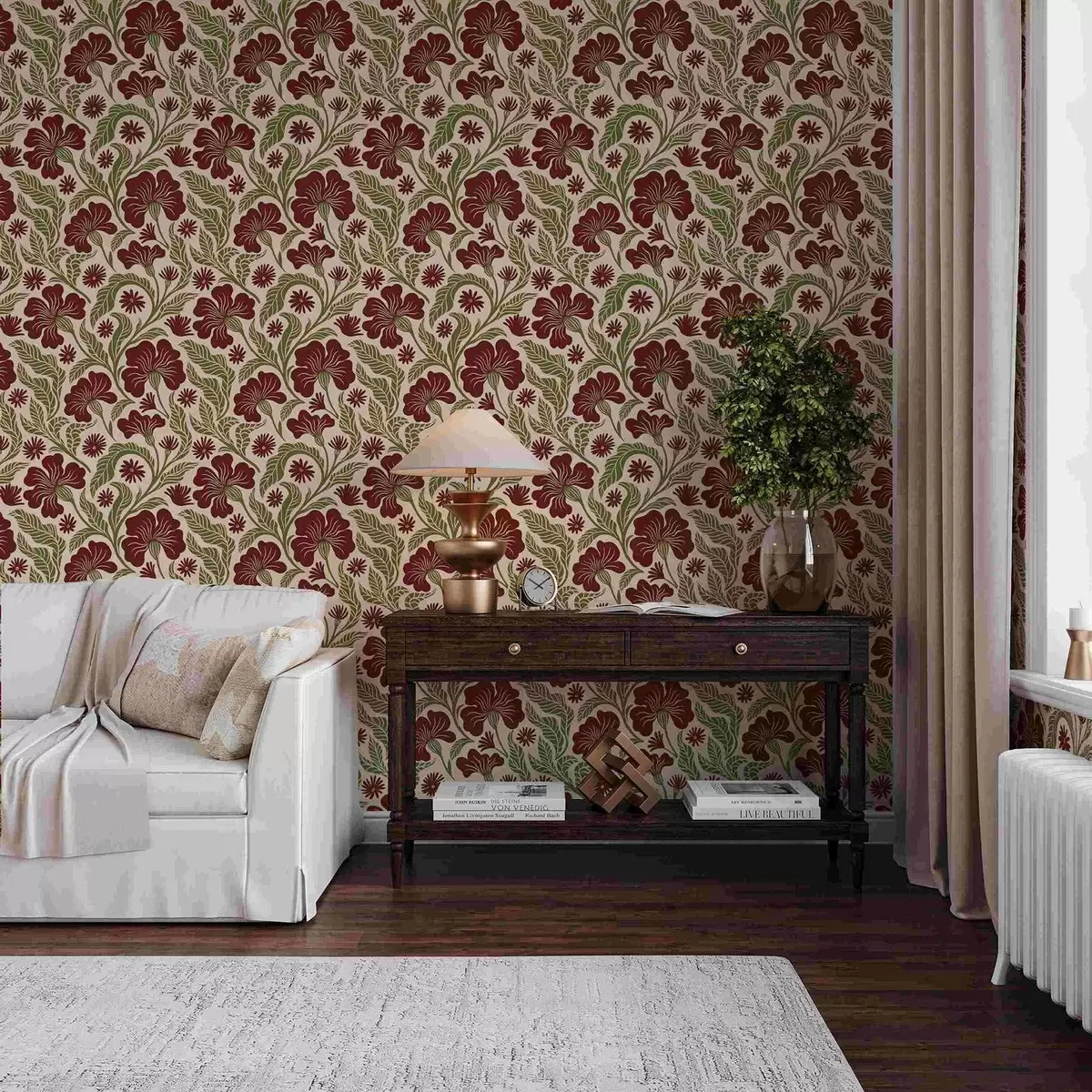 Papel pintado Flores de color burdeos con hojas verdes sobre fondo claro a00761