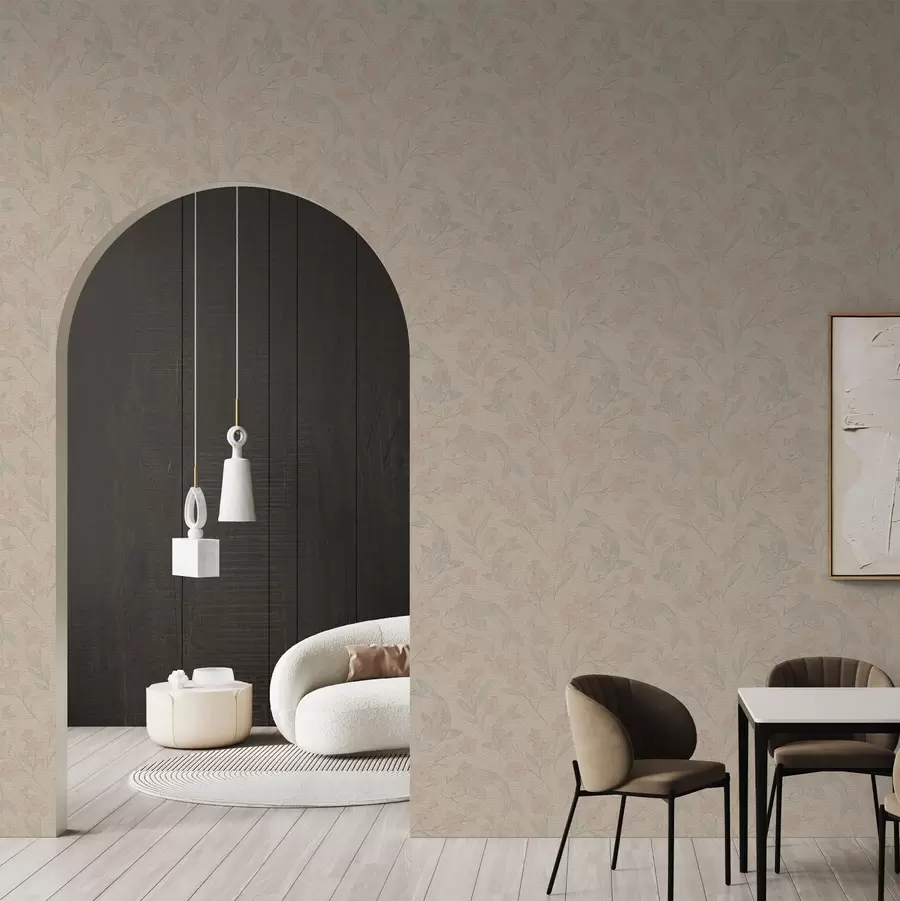 murales de pared Carpas entre flores en suaves tonos beige y rosa a00766