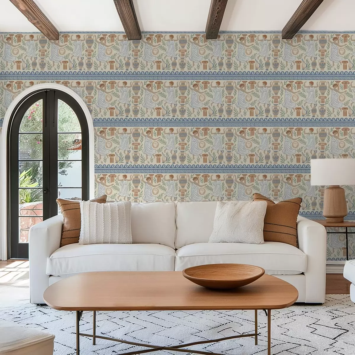 Papel pintado Adorno griego antiguo con figuras, jarrones y columnas a00768