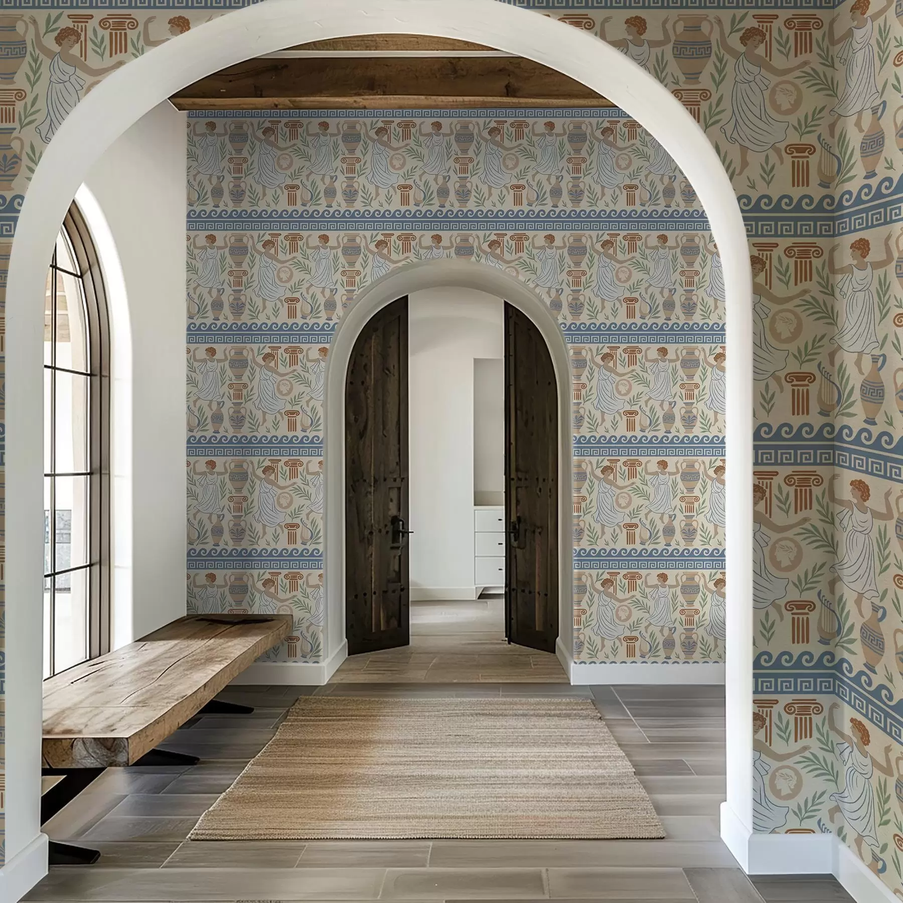 murales de pared Adorno griego antiguo con figuras, jarrones y columnas a00768