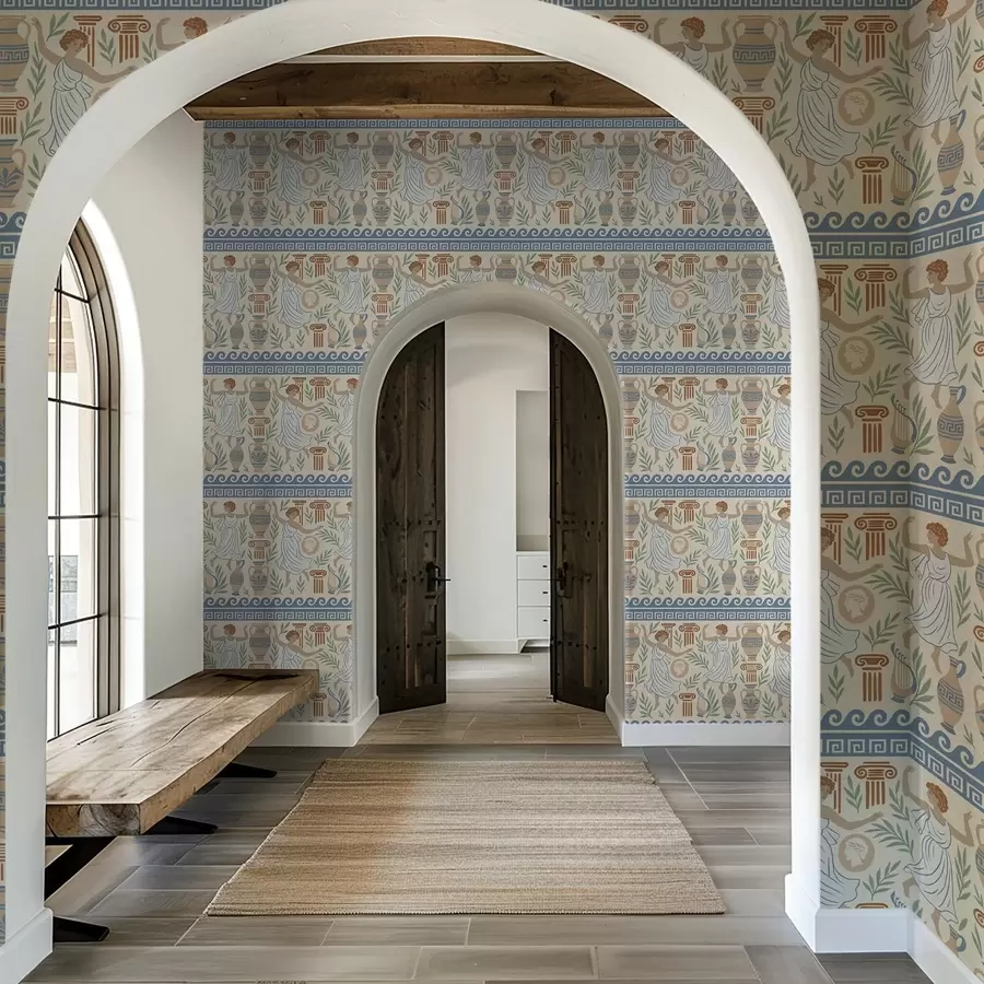 murales de pared Adorno griego antiguo con figuras, jarrones y columnas a00768