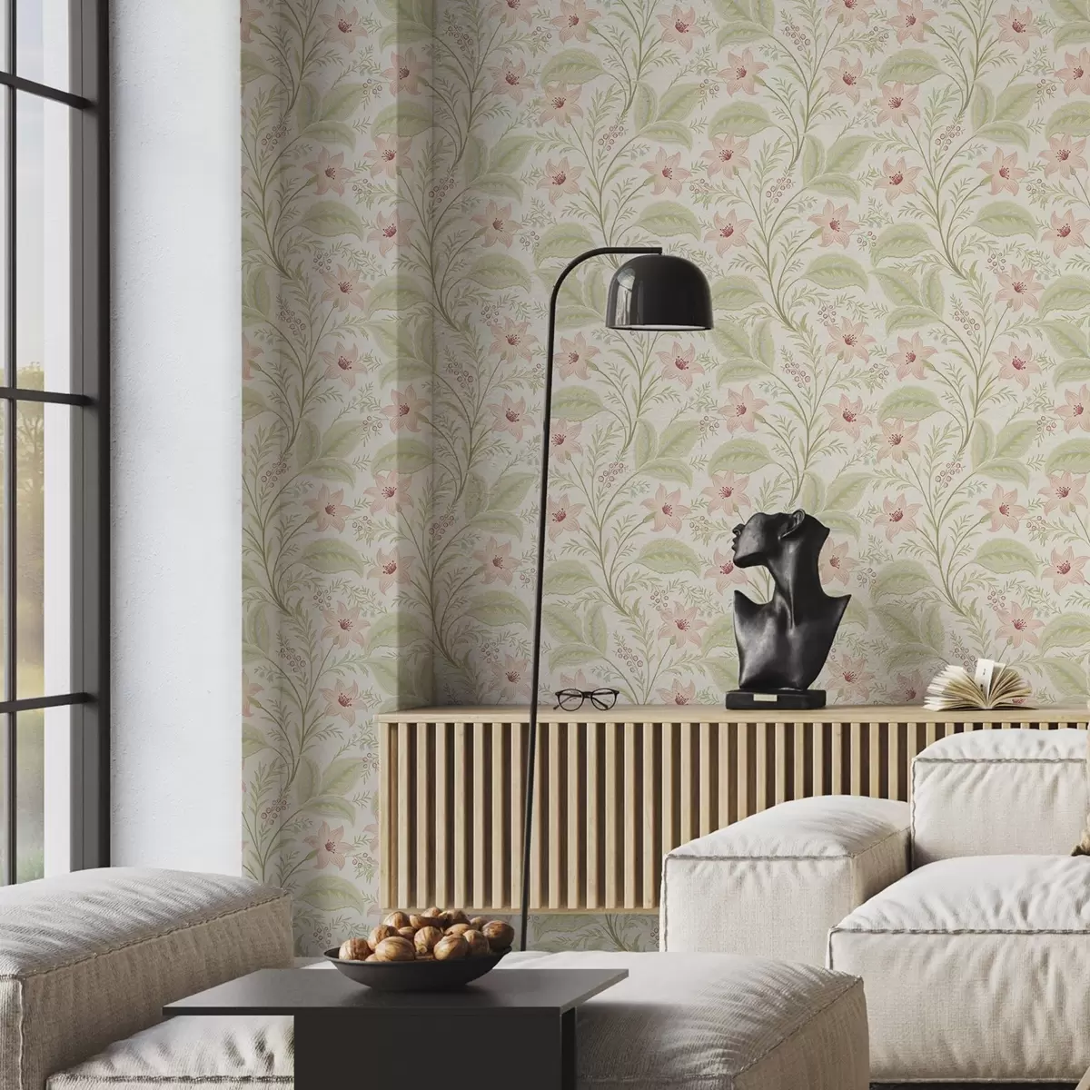 Papel pintado Delicadas flores y hojas en tonos pastel a00771