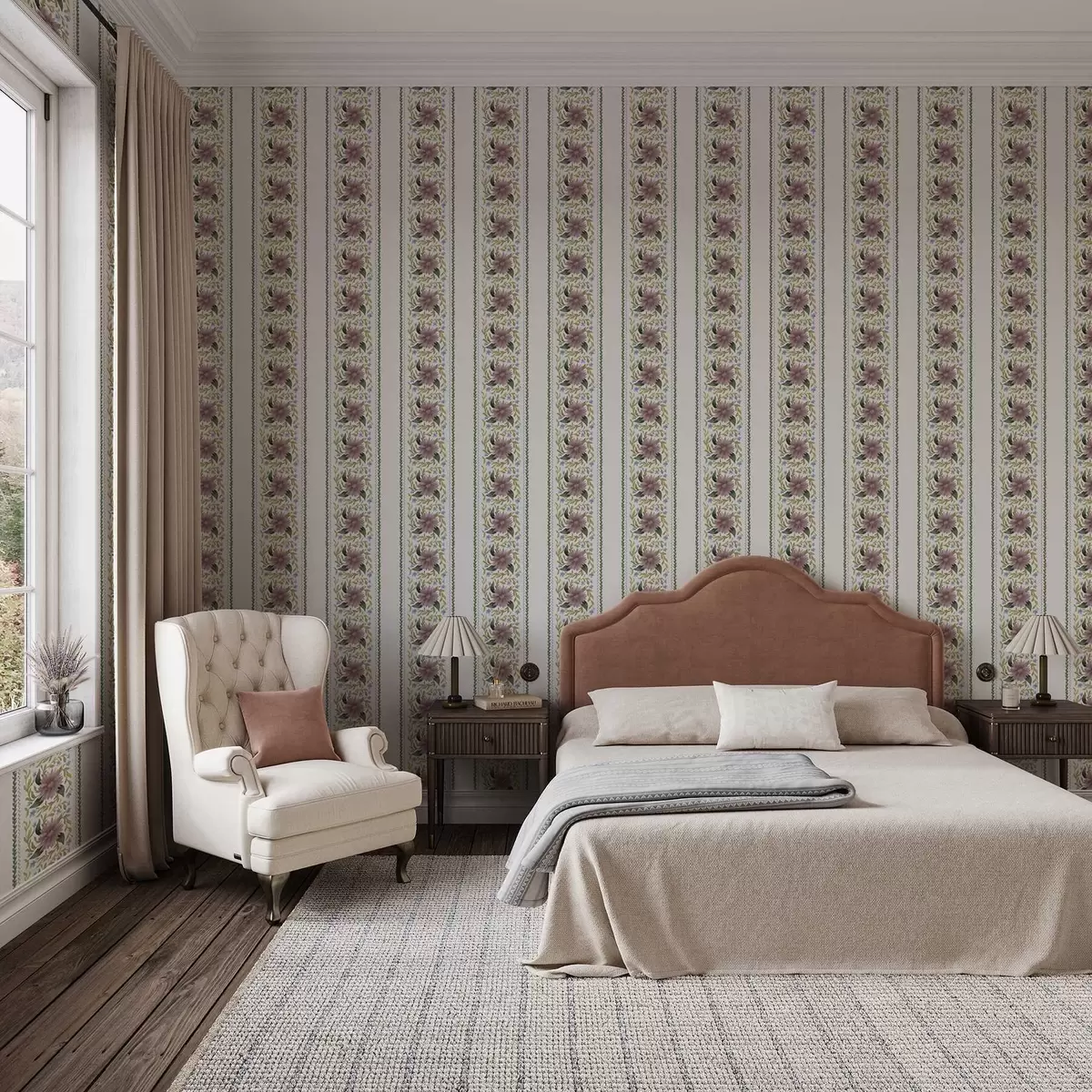 Papel pintado Rayas florales verticales en tonos azul lila a00809