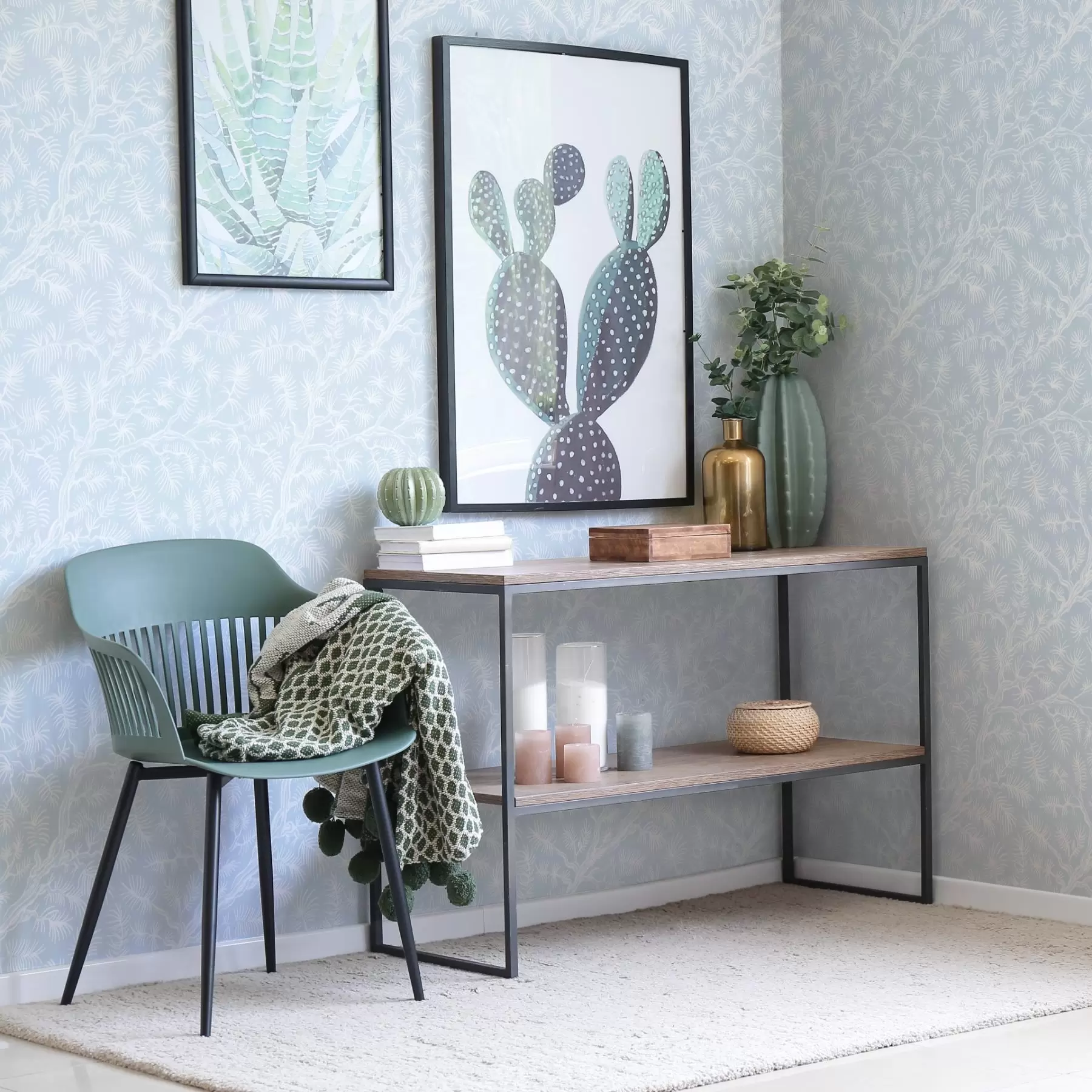 murales de pared Ramitas de pino en tonos claros sobre fondo azul a00838