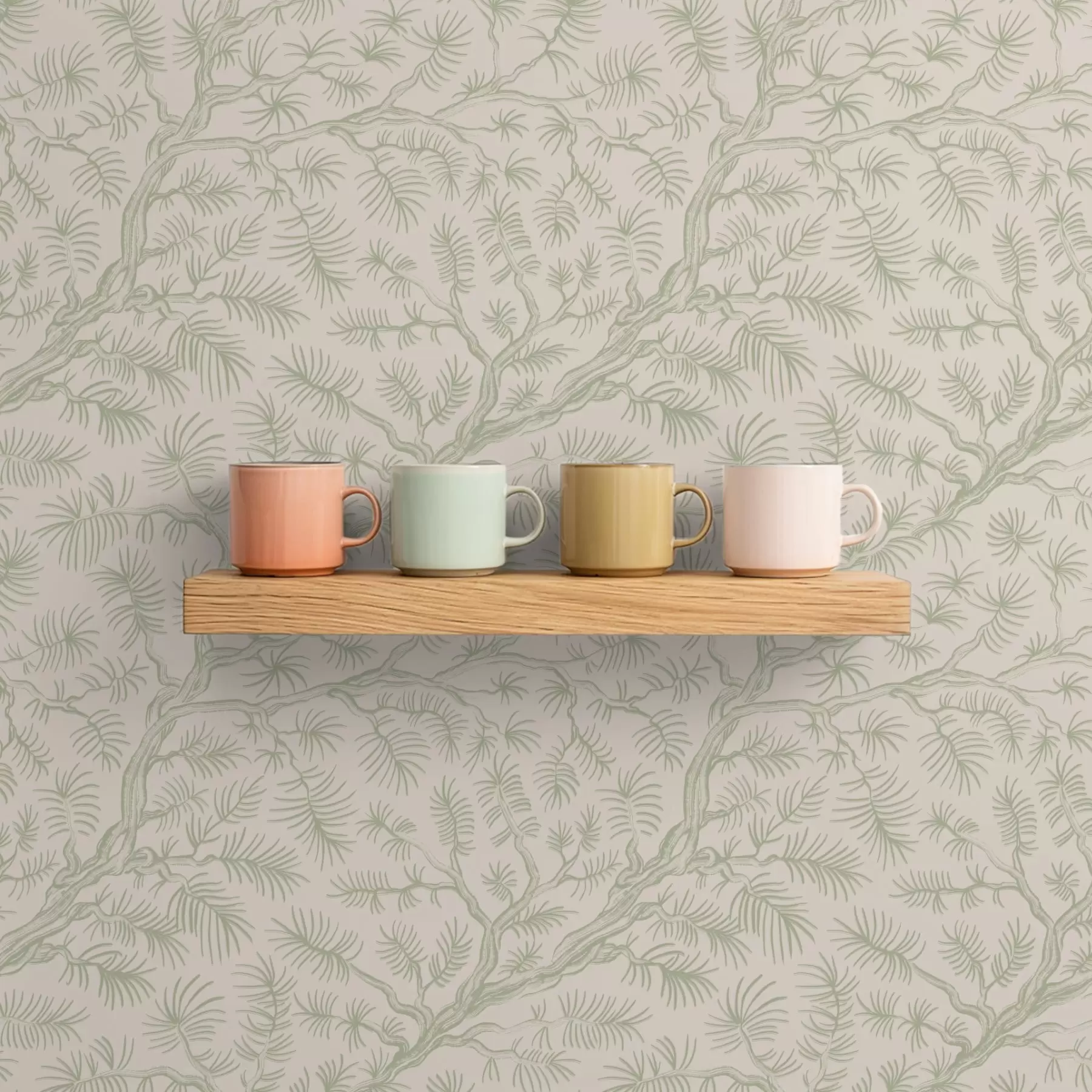 murales de pared Ramitas de pino en tonos verde claro sobre fondo beige a00838v1