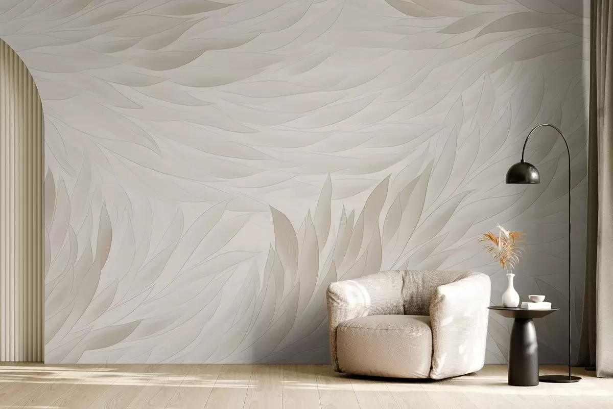 murales de pared Hojas onduladas en suaves tonos crema w04610