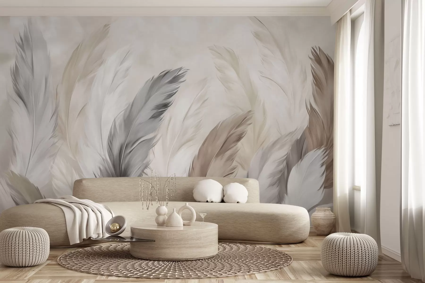 murales de pared Plumas suaves y esponjosas en una cálida paleta de colores neutros w04736
