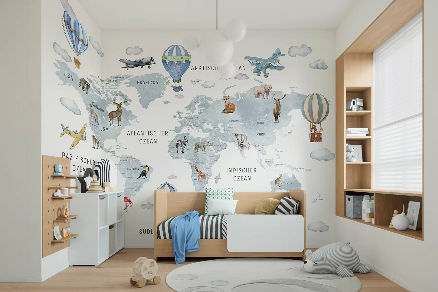 murales de pared Mapa de estilo acuarela para niños con animales y globos aerostáticos. Idioma alemán. Color azul. c00001dev1