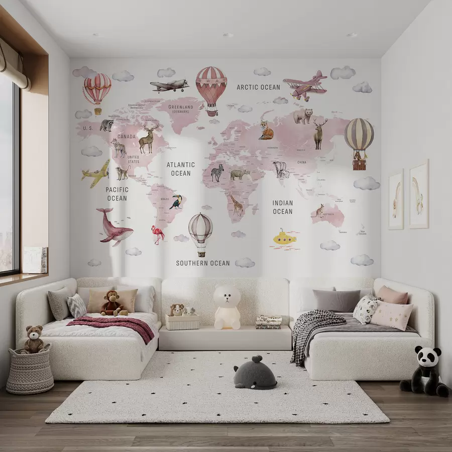 murales de pared Mapa de estilo acuarela para niños con animales y globos aerostáticos. En inglés. Rosa. c00001env3