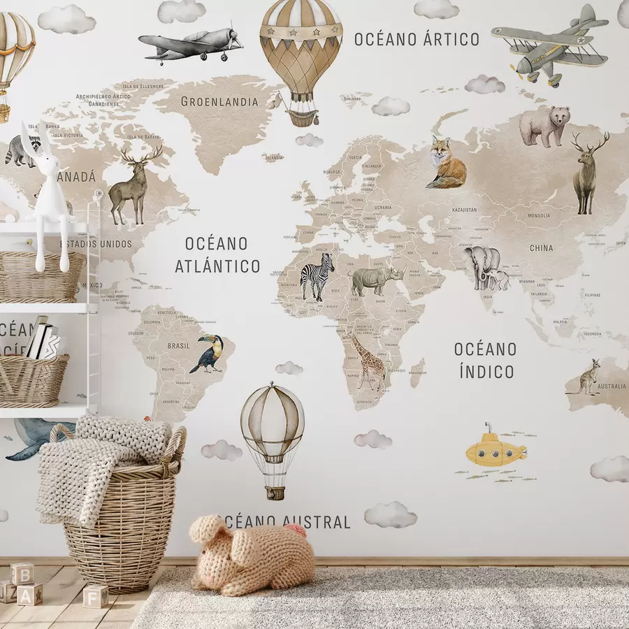 murales de pared Mapa de estilo acuarela para niños con animales y globos aerostáticos. En español. Color beige. c00001esv2