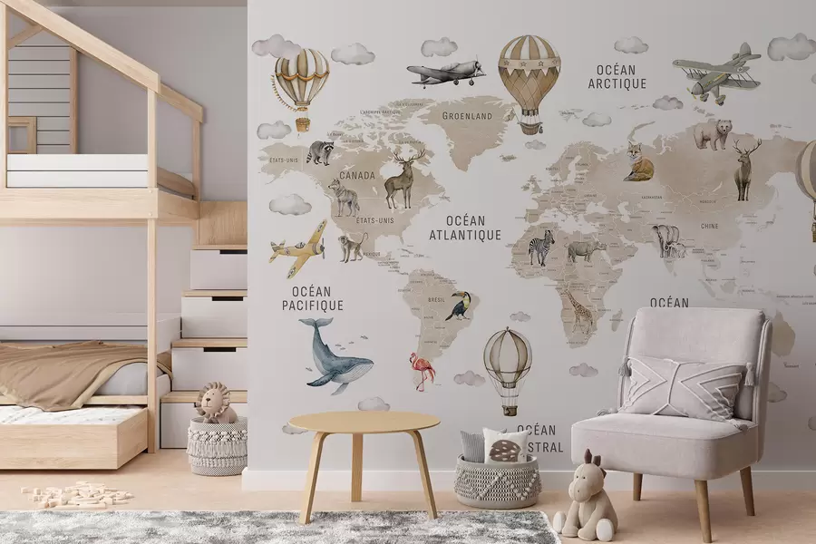 murales de pared Mapa infantil en estilo acuarela con animales y globos aerostáticos. Idioma francés. Color beige c00001frv2