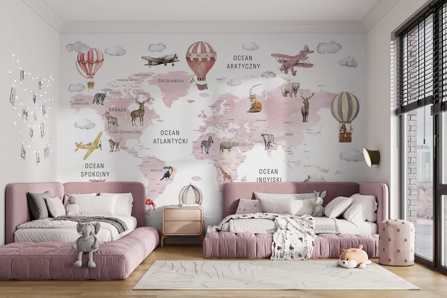 murales de pared Mapa infantil en estilo acuarela con animales y globos aerostáticos. Idioma polaco. Color rosa c00001plv3