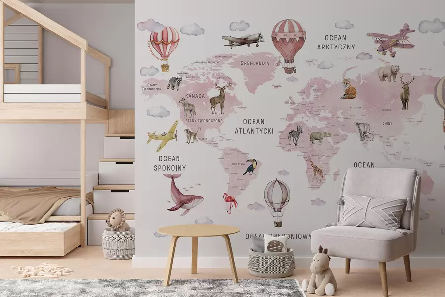 murales de pared Mapa infantil en estilo acuarela con animales y globos aerostáticos. Idioma polaco. Color rosa c00001plv3