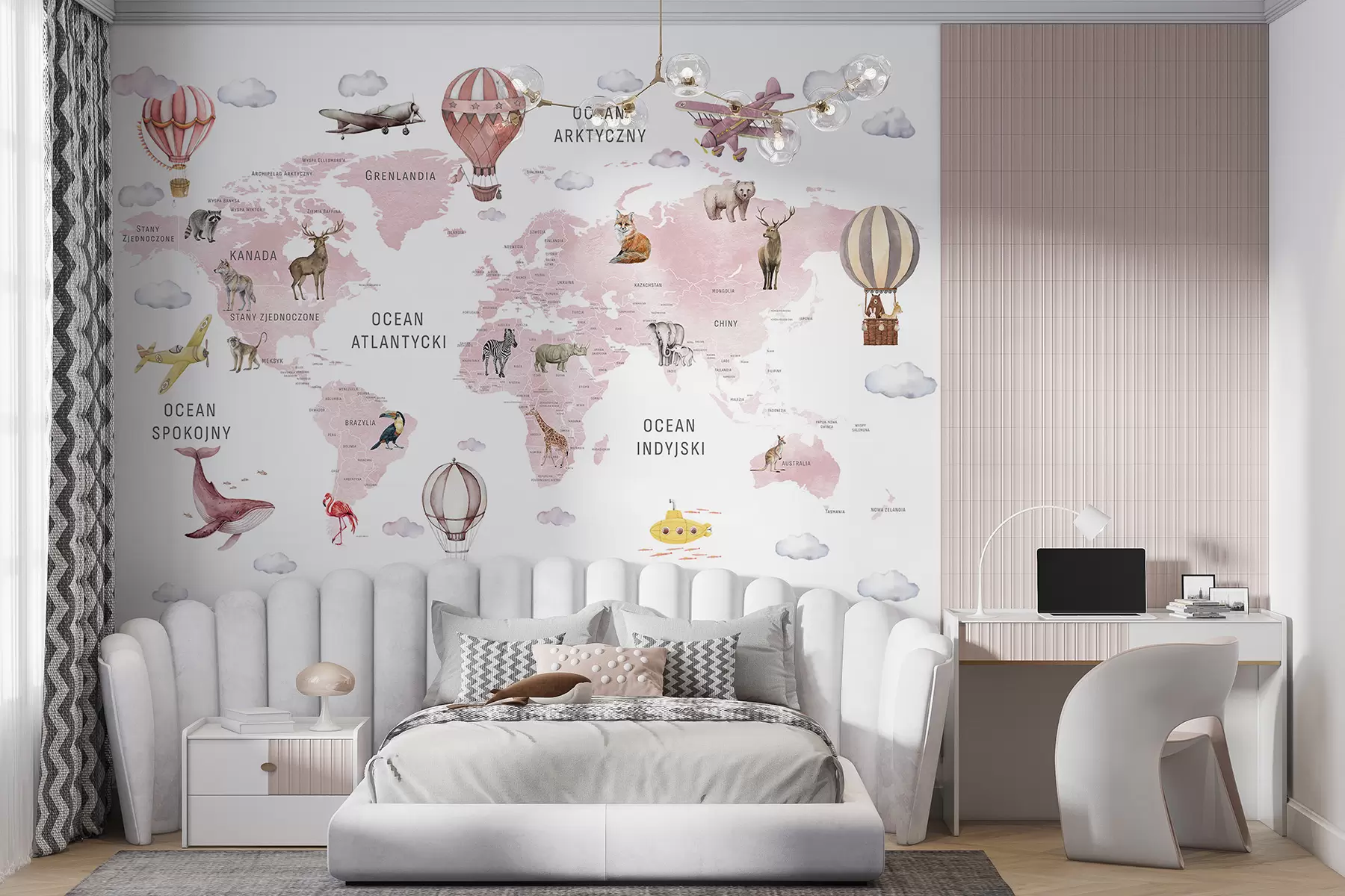 murales de pared Mapa infantil en estilo acuarela con animales y globos aerostáticos. Idioma polaco. Color rosa. c00001plv3