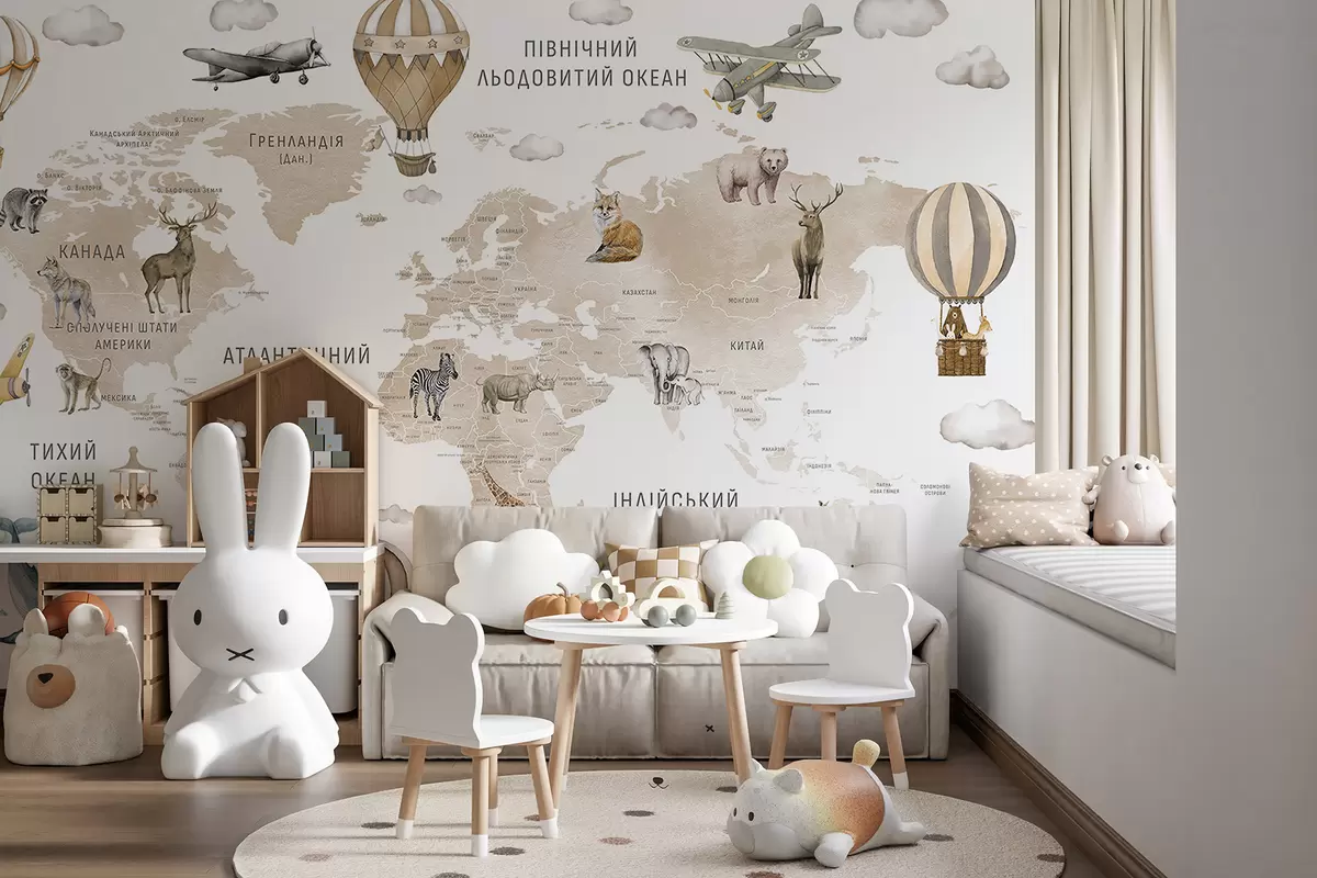 murales de pared Mapa infantil en estilo acuarela con animales y globos aerostáticos. Idioma ucraniano. Color beige. c00001ukv2