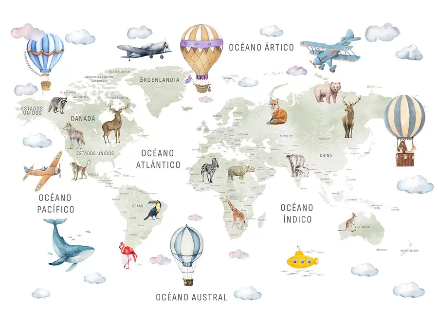 murales de pared Mapa infantil en estilo acuarela con animales y globos aerostáticos. En español. Color verde c00001es