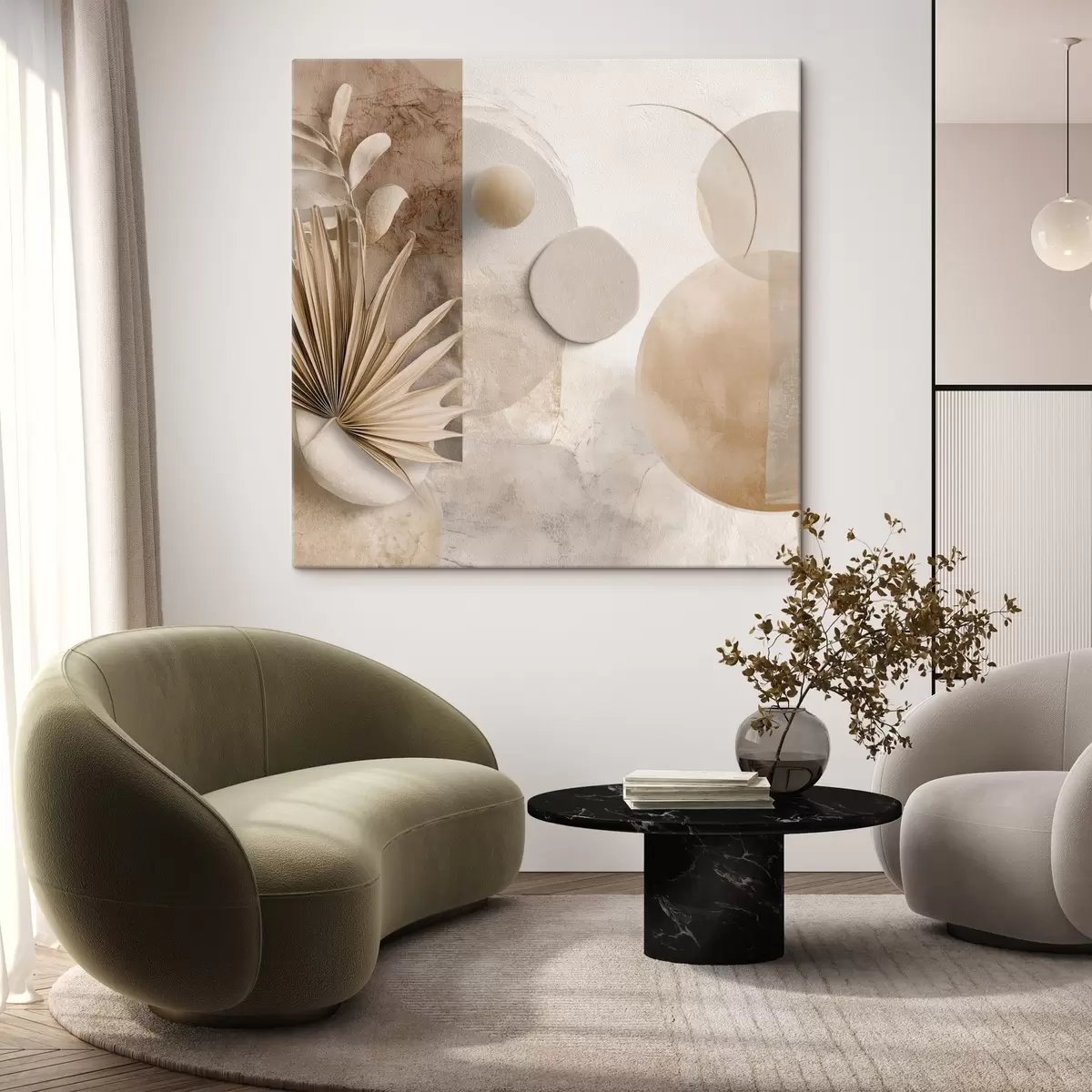 murales de pared Hojas de palmera secas y círculos 3D en tonos beige s46310