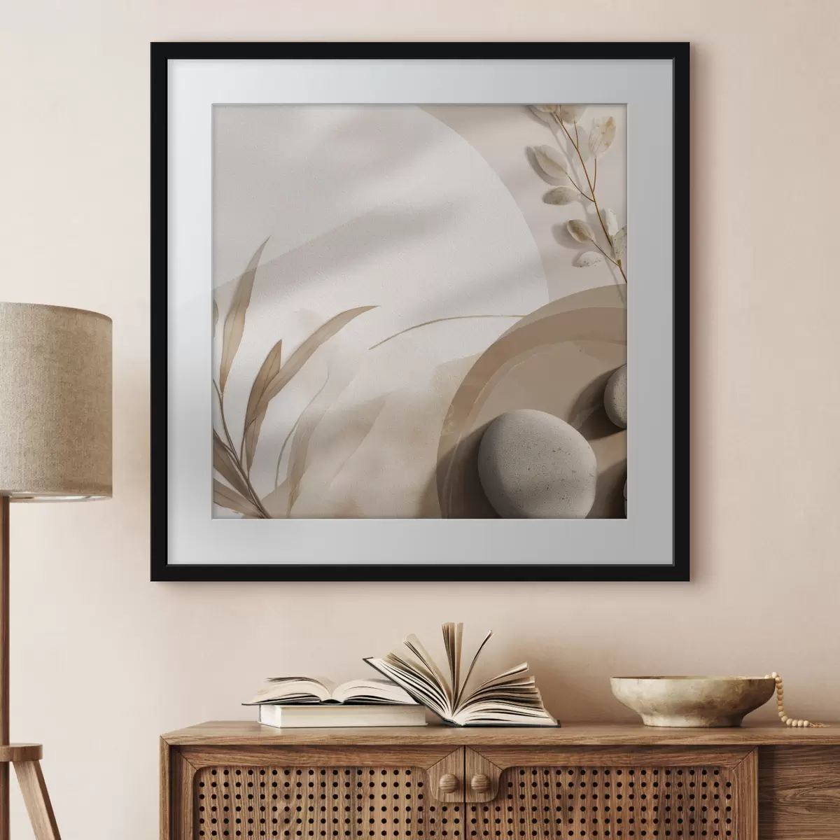 Poster Piedras y sombras en la pared en tonos beige f46311