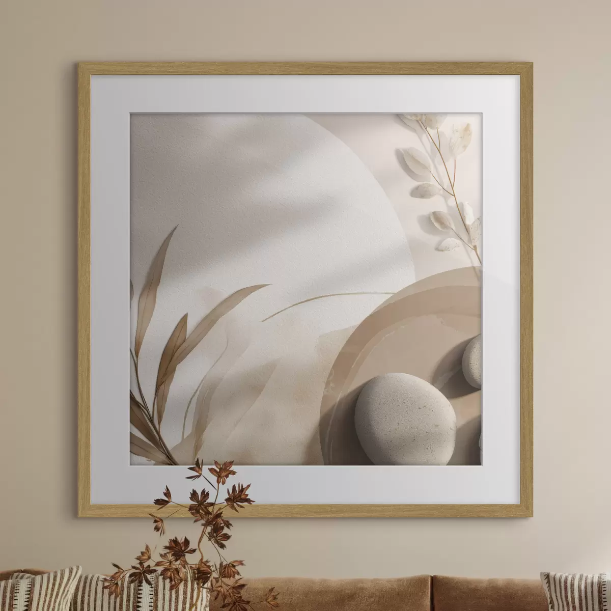 Poster Piedras y sombras en la pared en tonos beige f46311