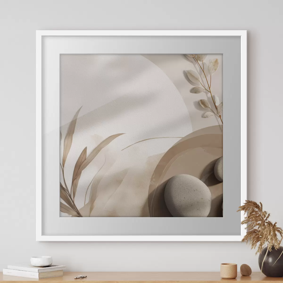 Poster Piedras y sombras en la pared en tonos beige f46311