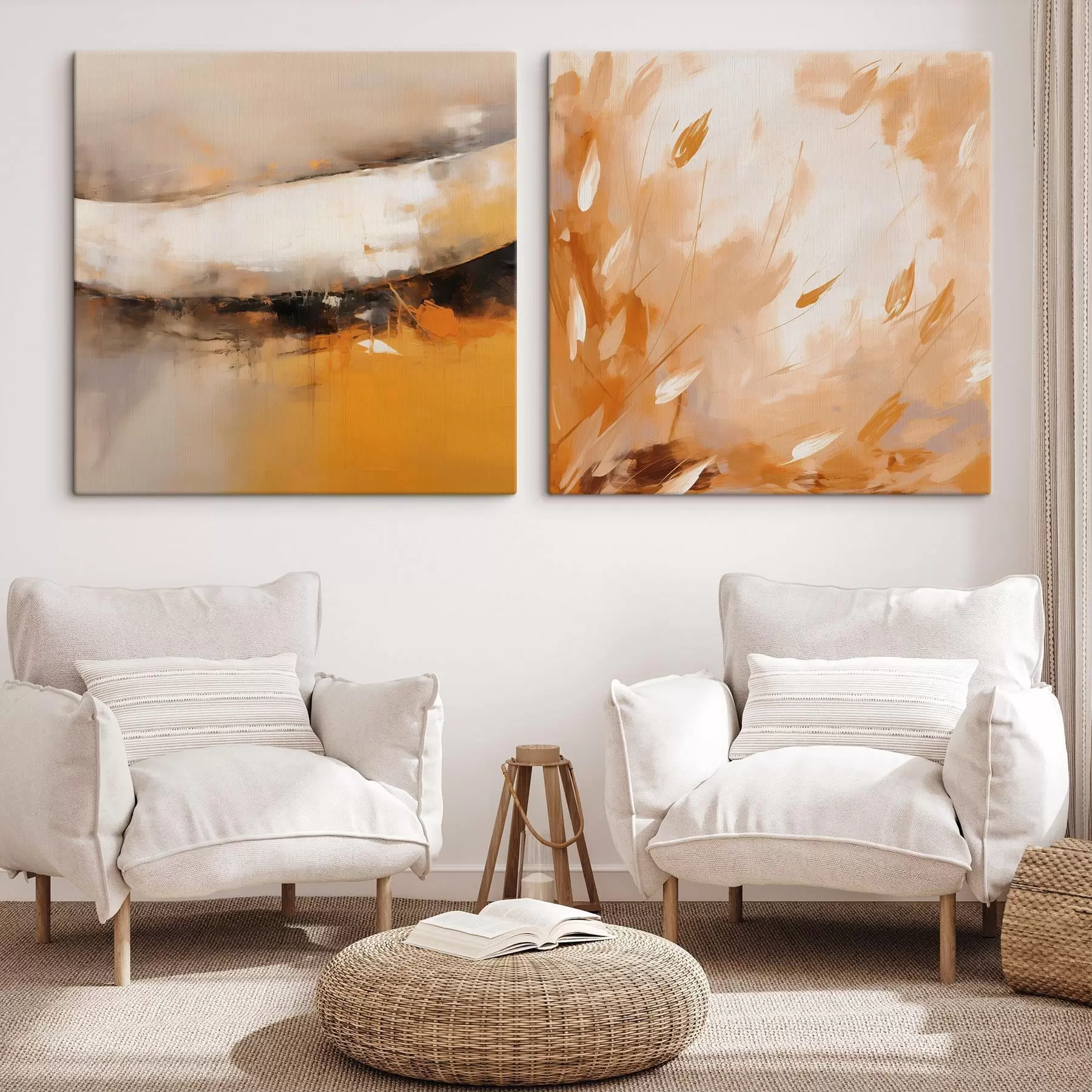 murales de pared Díptico abstracto al óleo en tonos amarillo anaranjado y negro m00897