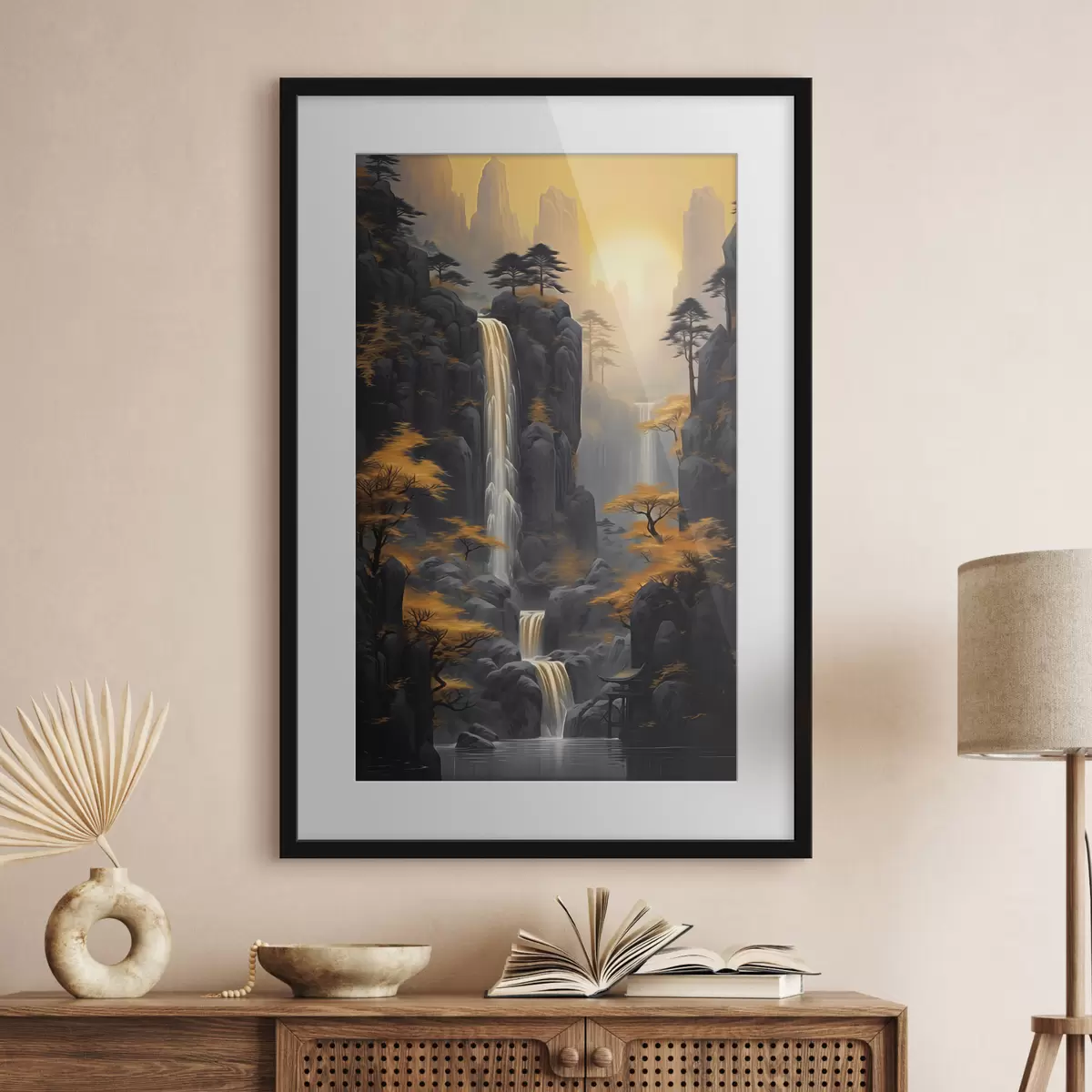 Poster Paisaje rocoso con una cascada en cálidos tonos del atardecer f46177