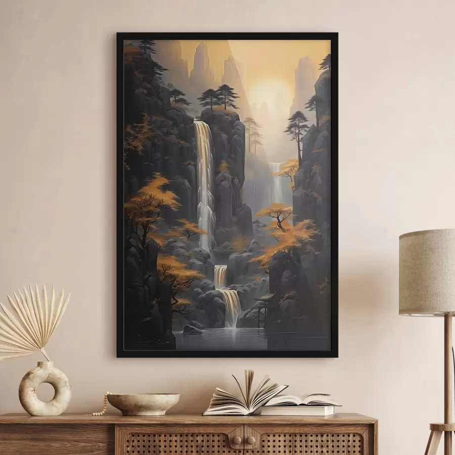 murales de pared Paisaje rocoso con una cascada en cálidos tonos del atardecer f46177