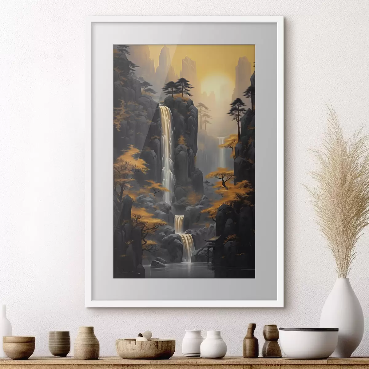 Poster Paisaje rocoso con una cascada en cálidos tonos del atardecer f46177