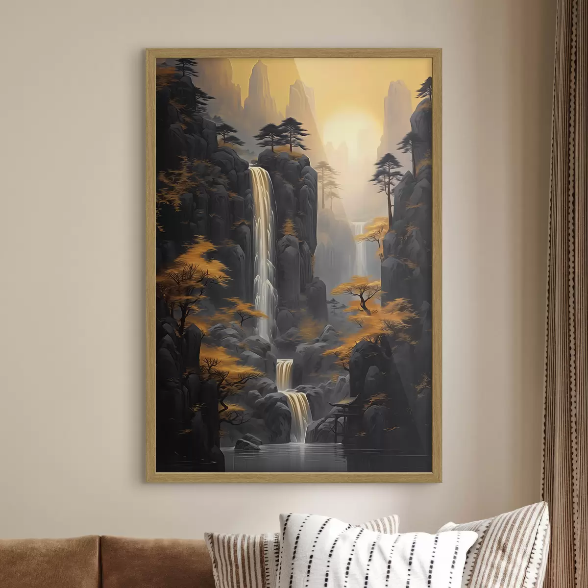 Poster Paisaje rocoso con una cascada en cálidos tonos del atardecer f46177