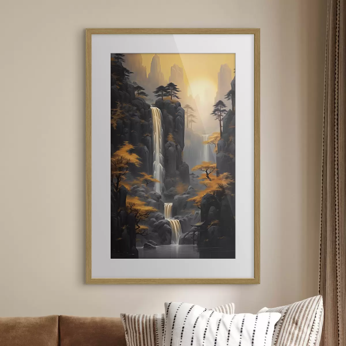 Poster Paisaje rocoso con una cascada en cálidos tonos del atardecer f46177
