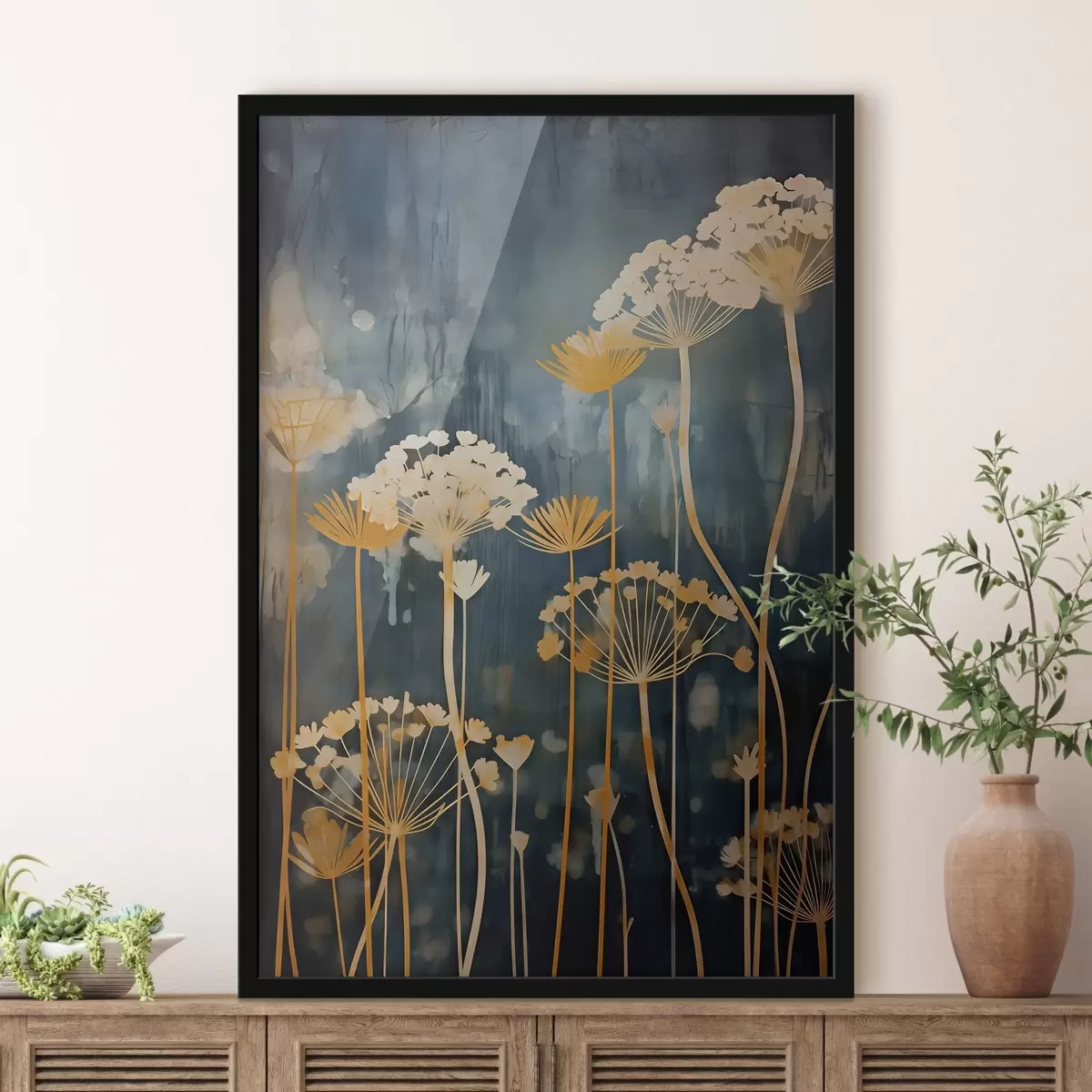 Poster Flores estilizadas con tallos finos sobre fondo oscuro f46188