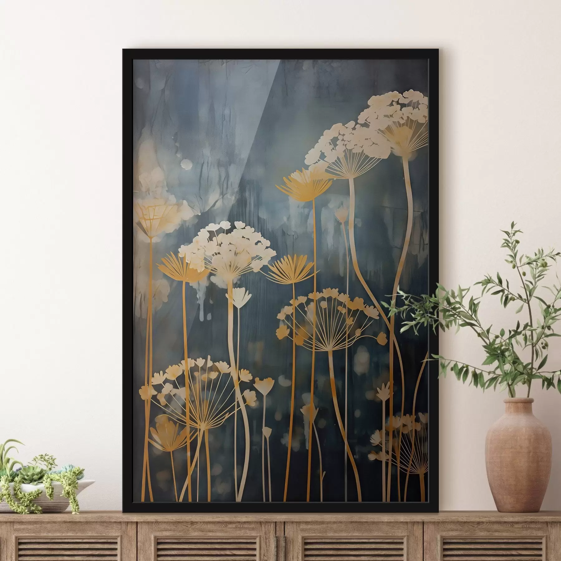 murales de pared Flores estilizadas con tallos finos sobre fondo oscuro f46188