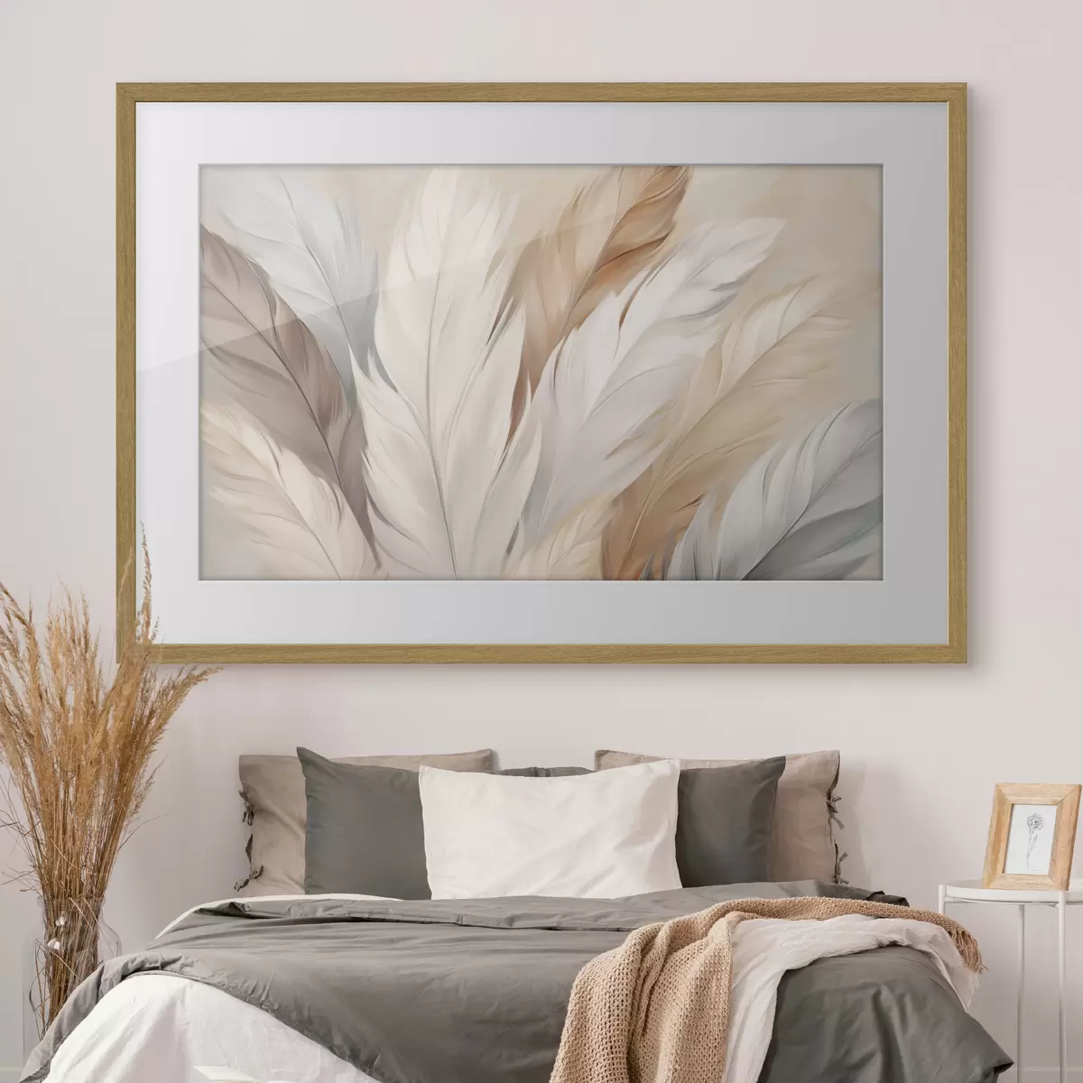 Poster Plumas suaves en tonos beige y gris f46190