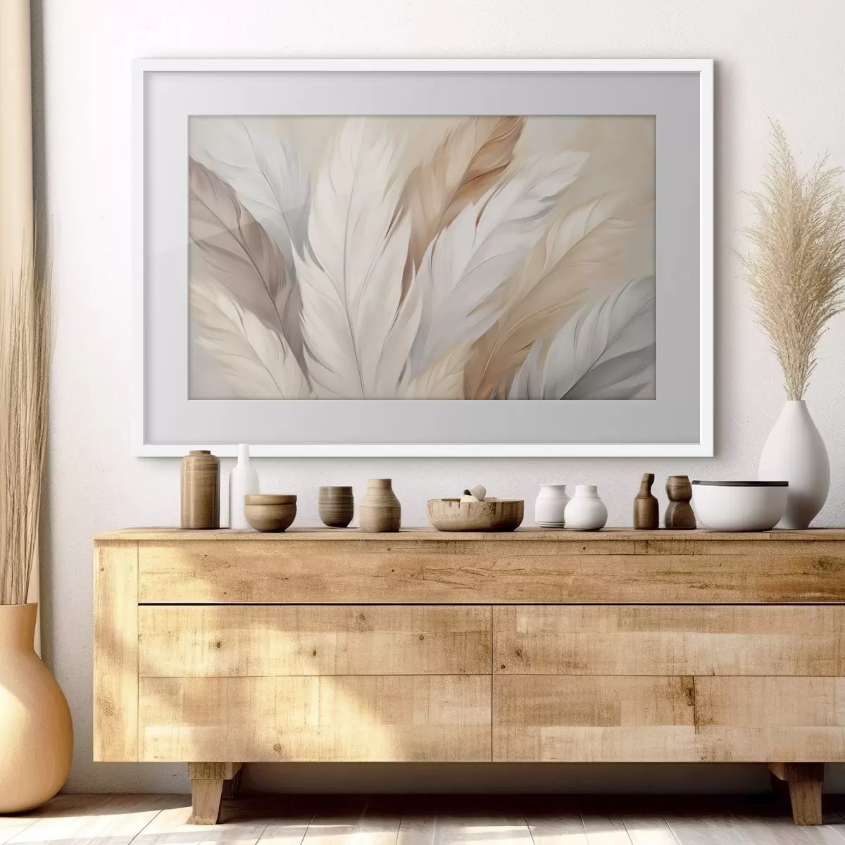 Poster Plumas suaves en tonos beige y gris f46190