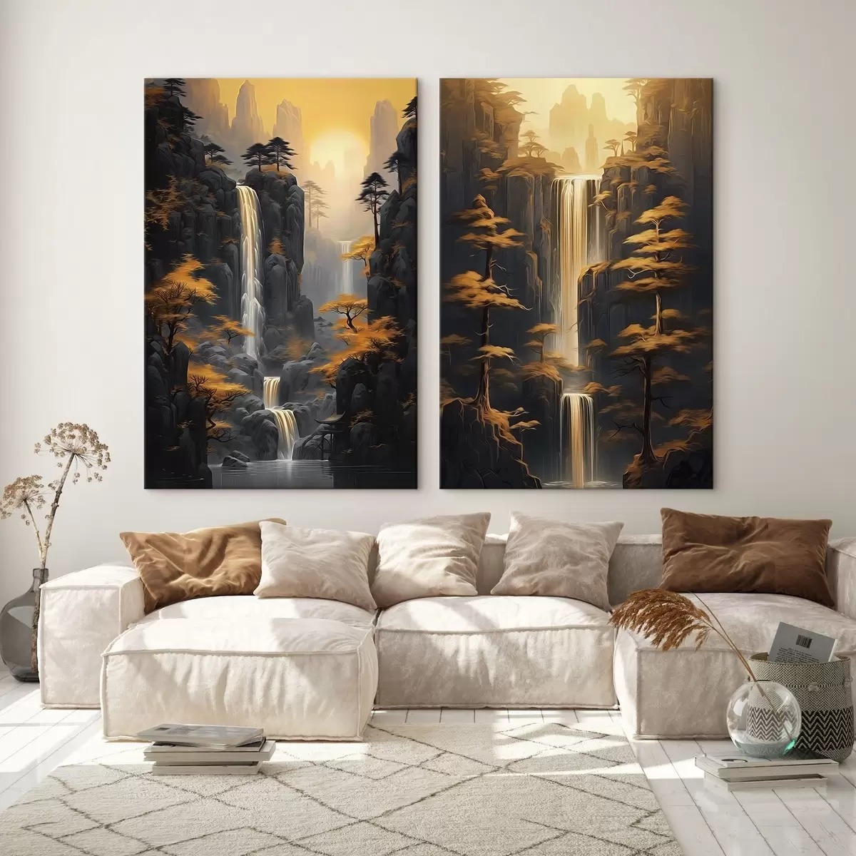 murales de pared Paisaje con cascada y montañas bañadas por una luz dorada m00928