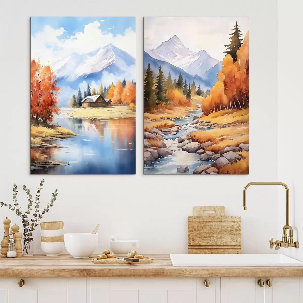 murales de pared Paisaje montañoso otoñal con lago y río m00929