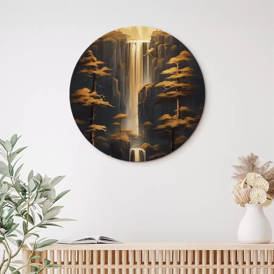 murales de pared Altos acantilados con una cascada y pinos a la luz del atardecer r46151