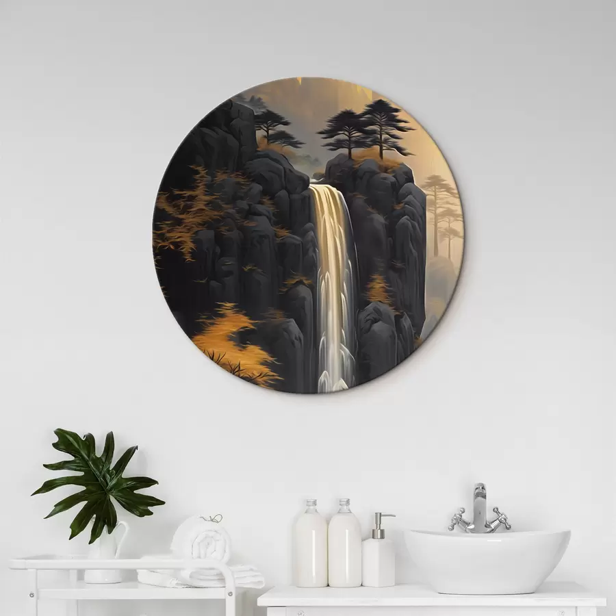 murales de pared Paisaje rocoso con una cascada en cálidos tonos del atardecer r46177