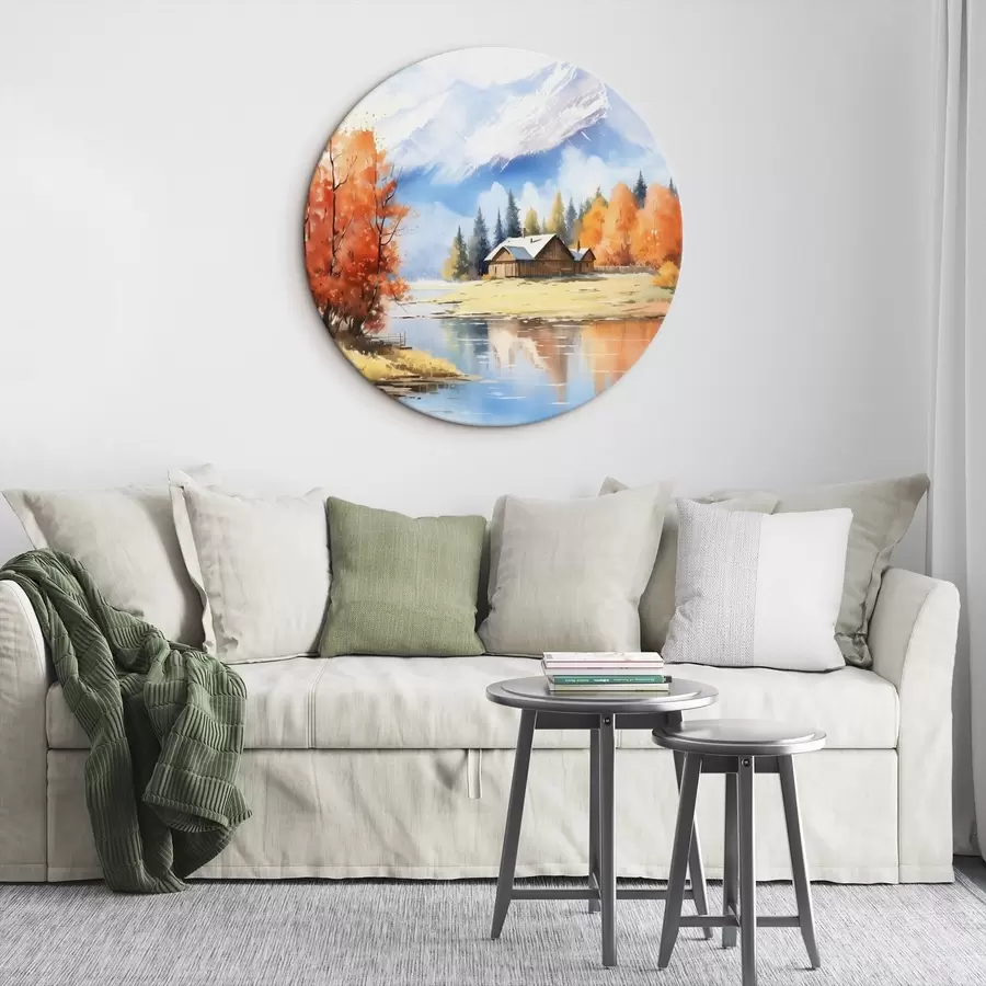 murales de pared Paisaje otoñal junto al lago con una casa y montañas r46184